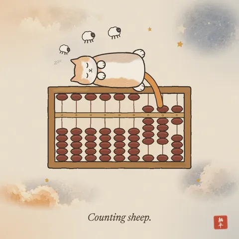 A wooden abacus with dark beads. A ginger-and-white cat lies asleep along the top of the frame, tail hanging down over the beads, while three little dream sheep float above it. The last three rods read 9, 9, 6. Caption: Counting sheep.