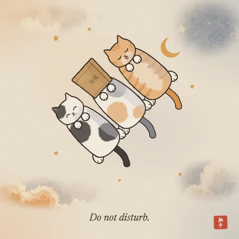 Three cats lying belly-up side by side on a diagonal, like the site banner. The middle one has a paper bag over its head. Caption: Do not disturb.