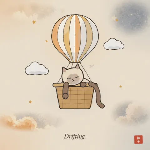 A striped hot-air balloon drifting among small clouds. A Siamese cat sleeps slumped over the rim of the basket, one paw and its tail hanging over the side. Caption: Drifting.