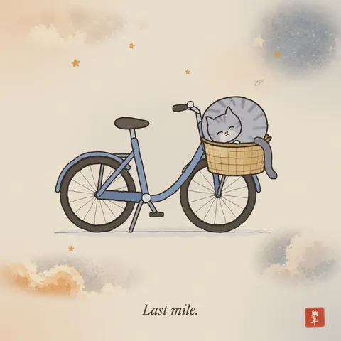 A city bicycle parked on its kickstand. A grey tabby cat is curled up in the wicker basket on the front, eyes happily shut, tail hanging over the side. Caption: Last mile.
