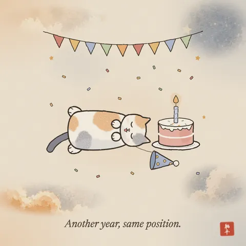 A calico cat lying on its back on the floor with its tongue out, beside a small pink birthday cake with one lit candle. Its polka-dot party hat has slipped off and lies on the floor. Bunting and confetti overhead. Caption: Another year, same position.