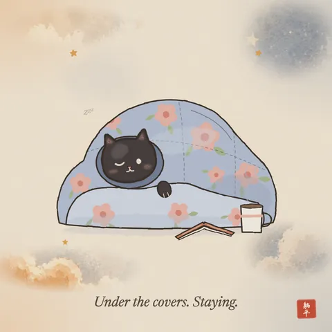 A black cat buried under a thick, puffy flowered quilt on the floor, only its head and one paw poking out, one eye half open. A steaming mug and a book lying open face-down wait beside it, untouched. Caption: Under the covers. Staying.