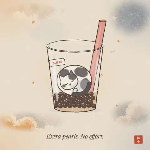 A giant clear bubble-tea cup with a fat pink straw. A black-and-white cat is curled up asleep inside it, on a thick layer of dark tapioca pearls at the bottom. A sticker on the cup says 加珍珠: extra pearls. Caption: Extra pearls. No effort.