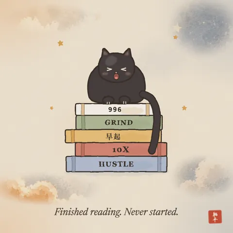 A black cat lying like a loaf on top of a tall stack of hustle books titled HUSTLE, 10X, 早起, GRIND and 996, mid-yawn, tail hanging down over the spines. Caption: Finished reading. Never started.