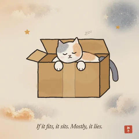 A cat asleep in a cardboard box, chin and paws resting on the edge, tail hanging over the side. Caption: If it fits, it sits. Mostly, it lies.