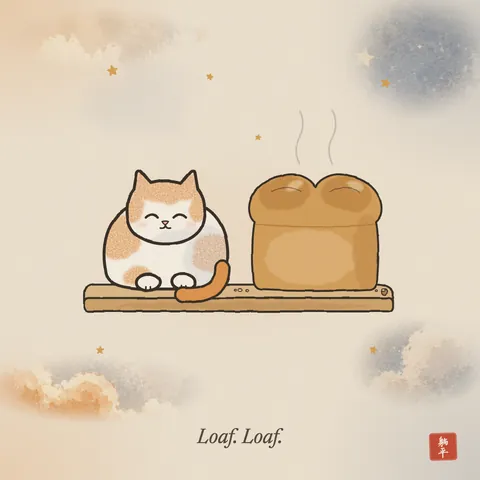 A ginger-and-cream cat sitting as a loaf on a wooden bread board next to an actual loaf of bread, the same size and shape. The bread is still steaming. Caption: Loaf. Loaf.