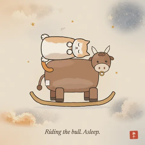 A cream and ginger cat asleep on its back on top of a plush toy bull on wooden rockers, its tail dangling down the bull's side. Caption: Riding the bull. Asleep.