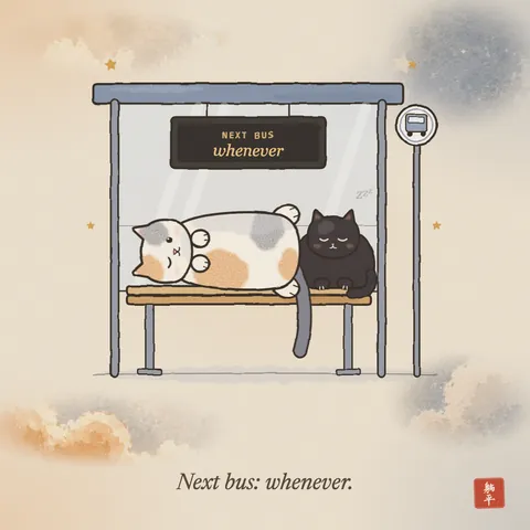 A bus shelter whose display reads NEXT BUS: whenever. A calico cat lies on its back along the bench with one eye half open, and a black cat sits in a loaf at the other end, asleep. Caption: Next bus: whenever.