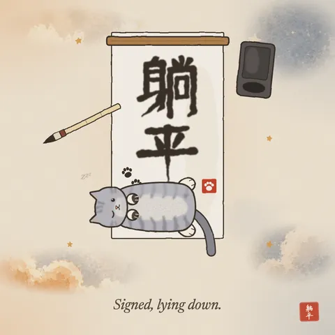 A sheet of rice paper with 躺平 (lie flat) brushed on it in big black ink characters. A grey tabby lies asleep across the bottom of the sheet, one eye open, its front paws inky. Ink paw prints and a red seal sign the work; an inkstone and a brush sit to the side. Caption: Signed, lying down.