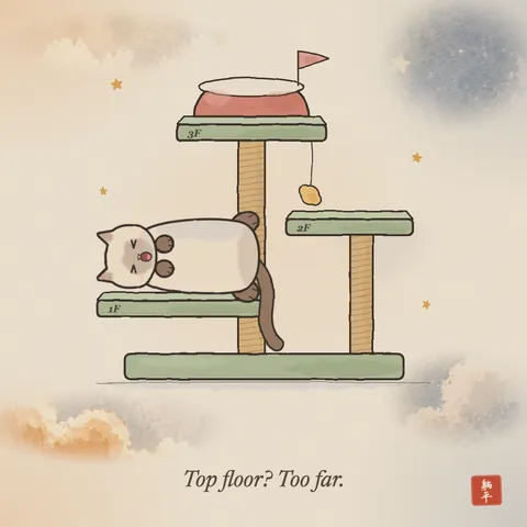A tall cat tree with its floors labelled 1F, 2F and 3F and a little flag on the empty bed at the top. A siamese cat lies on the lowest platform, 1F, mid-yawn, tail hanging down. Caption: Top floor? Too far.