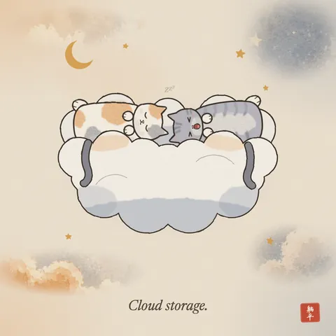 Two cats asleep on their backs, sunk into the top of a big puffy cloud with their heads touching and tails hanging over the edge. One is yawning. Caption: Cloud storage.