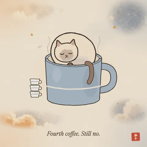A siamese cat curled up asleep inside a giant coffee mug, tail hanging over the rim. Three small empty cups are stacked beside it. Caption: Fourth coffee. Still no.