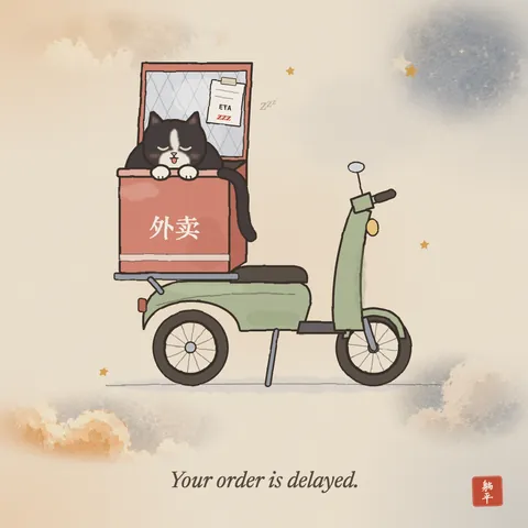 A delivery scooter parked with its food box open. A tuxedo cat is asleep inside the box, chin and paws on the rim, tongue poking out. The receipt taped inside the lid says ETA: zzz. Caption: Your order is delayed.