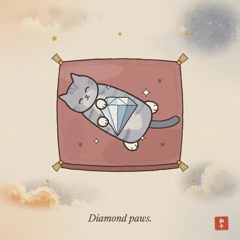 A grey tabby cat lying on its back on a velvet cushion, eyes happily shut, hugging a big sparkling cut diamond to its chest. Caption: Diamond paws.