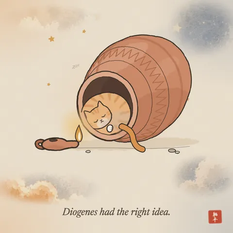 A big clay storage jar lying on its side with its mouth towards us, and an orange tabby curled up asleep inside it, tail hanging over the lip. A small clay oil lamp burns on the ground beside it. Caption: Diogenes had the right idea.