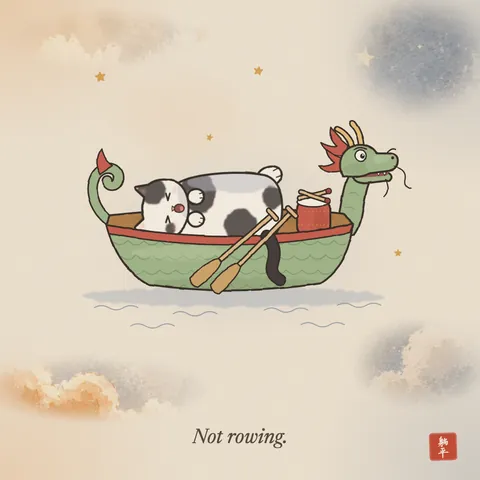 A black-and-white cat lying on its back in a small green dragon boat, mid-yawn, tail hanging over the side. Two paddles rest idle against the rim, the drum sits silent with its sticks on top, and the dragon at the bow looks on. Caption: Not rowing.