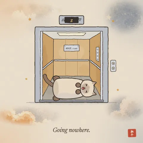 An elevator standing open. A siamese cat lies on its back across the floor, mid-yawn. The floor display above the doors just shows z, and the plate on the back wall says MAX: 1 cat. Caption: Going nowhere.