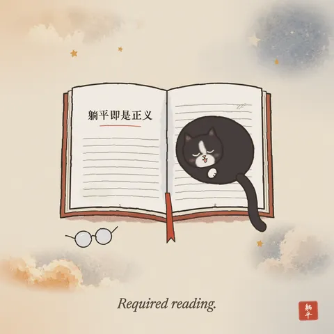 An open book whose left page is headed 躺平即是正义, lying flat is justice. A tuxedo cat is curled up asleep on the right page with its tongue out, tail hanging over the edge. A red ribbon bookmark trails below and a pair of reading glasses lies beside the book. Caption: Required reading.
