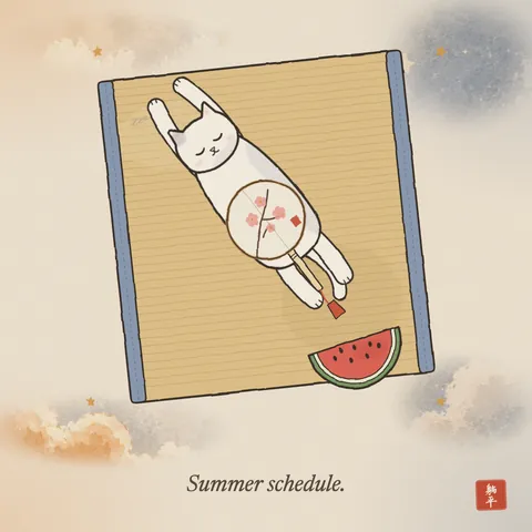Seen from above: a white cat stretched out flat on its back on a woven bamboo summer mat, front paws over its head, fast asleep. A round silk hand fan painted with plum blossom rests on its belly. A slice of watermelon lies nearby. Caption: Summer schedule.