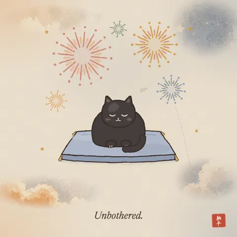 Soft watercolour fireworks burst across the sky while a black cat sleeps like a loaf on a square floor cushion, ears relaxed, completely unbothered. Caption: Unbothered.
