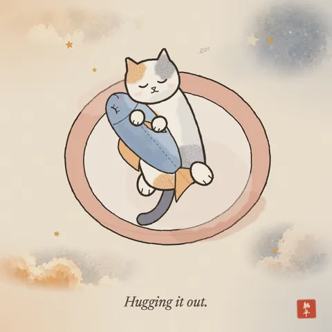 A calico cat asleep on its back in a round pet bed, hugging a big stuffed fish with its front paws and pinning its tail with a back foot. The fish's stitched eye is closed too. Caption: Hugging it out.