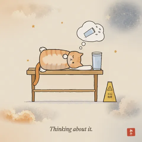 An orange tabby lying on its side on a wooden table, one eye open, a paw parked right beside a full glass of water at the very edge. A thought bubble shows the glass falling; a wet-floor sign is already standing on the floor below. Caption: Thinking about it.