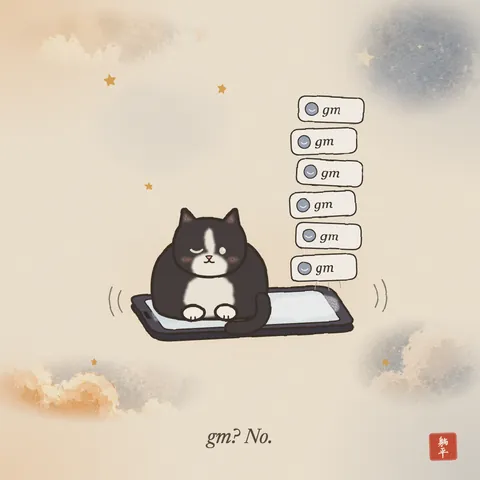 A tuxedo cat loafing on top of a phone lying on the floor, one eye half open. The phone buzzes as a stack of notifications rises from it, every one saying gm. Caption: gm? No.