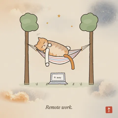 An orange tabby asleep in a striped hammock slung between two trees, one paw and its tail dangling over the side. On the grass below, an open laptop shows the status: away. Caption: Remote work.