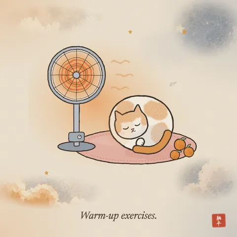 A ginger-and-white cat curled up asleep on a round rug, nose pointed at a glowing little-sun space heater. A few mandarins sit on the rug beside it. Caption: Warm-up exercises.