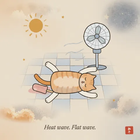 An orange tabby lying spread-eagled on its back on cool floor tiles, tongue out, face turned to an electric fan that blows on it. Nearby an ice lolly has melted into a puddle on the floor. The sun blazes in the corner. Caption: Heat wave. Flat wave.
