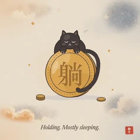 A black cat asleep behind a huge gold coin stamped with the character 躺, chin and both paws resting on the top edge and its tail wrapped round the side. Caption: Holding. Mostly sleeping.