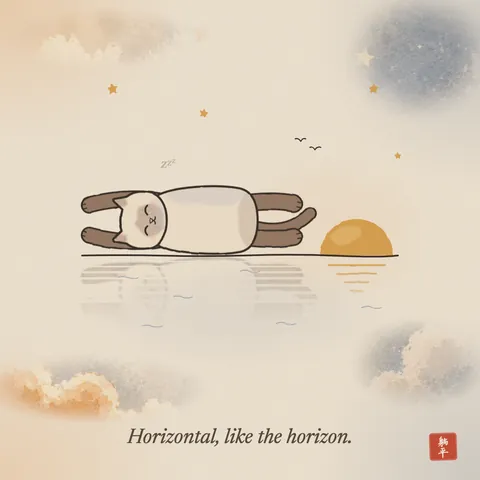 A long, level horizon line over calm water, with a low sun half set on it. A Siamese cat lies stretched out flat along the line, eyes happily shut, exactly as level as the horizon, its reflection faint in the water below. Caption: Horizontal, like the horizon.