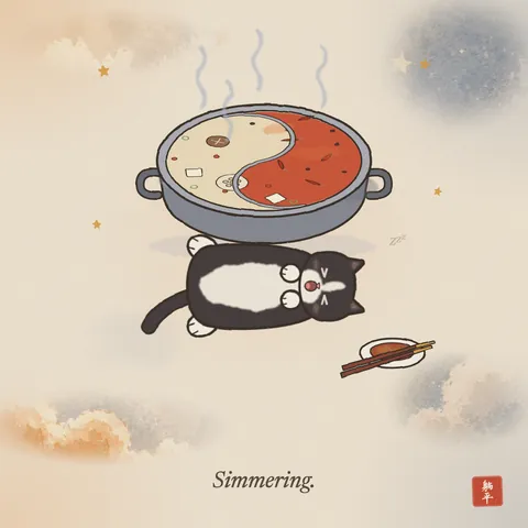 A split yin-yang hotpot bubbling on the table, one side red and spicy with chillies, the other a pale broth with mushrooms and lotus root. A tuxedo cat lies on its back in front of it, warm and yawning. Chopsticks rest on a small dish. Caption: Simmering.