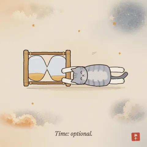 An hourglass knocked over onto its side, the sand lying still in both halves. A grey tabby lies stretched out next to it, eyes happily shut, front paws resting on the glass. Caption: Time: optional.