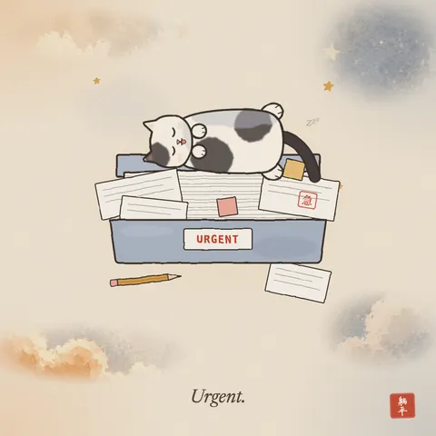 A black and white cat asleep on its back with its tongue out, on a messy pile of papers in an in-tray labelled URGENT. Caption: Urgent.