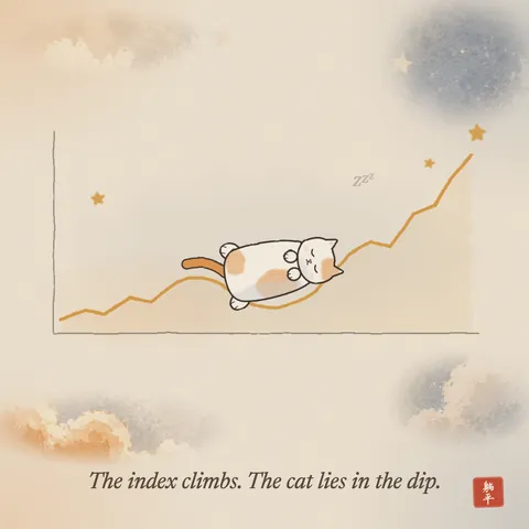 A rising market chart. An orange cat lies on its back in the one dip, asleep, while the line keeps climbing. Caption: The index climbs. The cat lies in the dip.