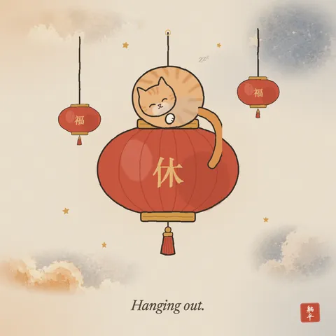 A big red paper lantern with gold caps and a tassel hangs on a cord. An orange tabby cat is curled up asleep on top of it, smiling, its tail dangling down the side. Two small lanterns hang in the background. Caption: Hanging out.