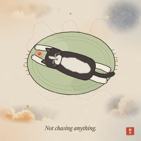 A tuxedo cat stretched out flat on a green rug, eyes happily shut. A red laser dot sits right between its outstretched paws; dotted trails show everywhere else the dot has already tried. Caption: Not chasing anything.