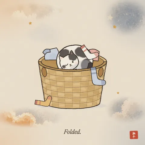 A black-and-white cat curled up in a woven laundry basket among the washing, a striped sock draped over its back, peeking out with one eye. Another sock hangs over the rim. Caption: Folded.