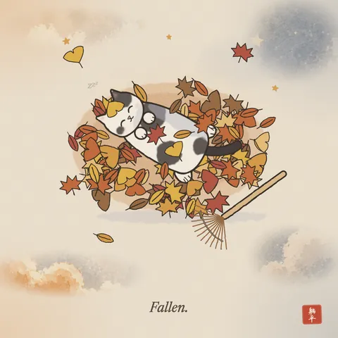 Seen from above: a black-and-white cat lying on its back in a big pile of autumn leaves, ochre, rust and red, eyes happily shut, a few leaves resting on its belly and one on its head. A bamboo rake lies abandoned beside the pile. Caption: Fallen.