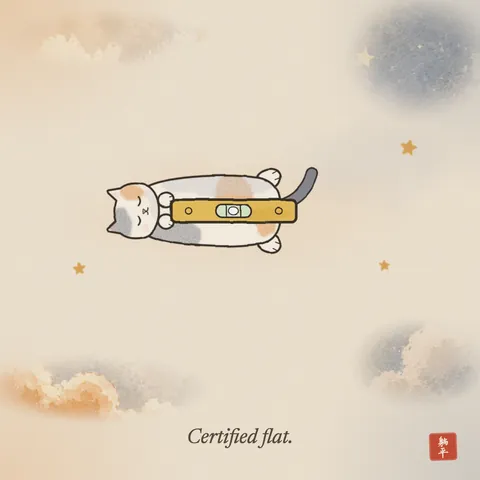 A cat lying flat on its back with a spirit level balanced on its belly. The bubble is dead centre. Caption: Certified flat.