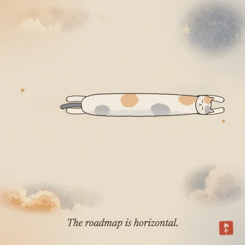 One very long calico cat stretched flat from edge to edge. Caption: The roadmap is horizontal.