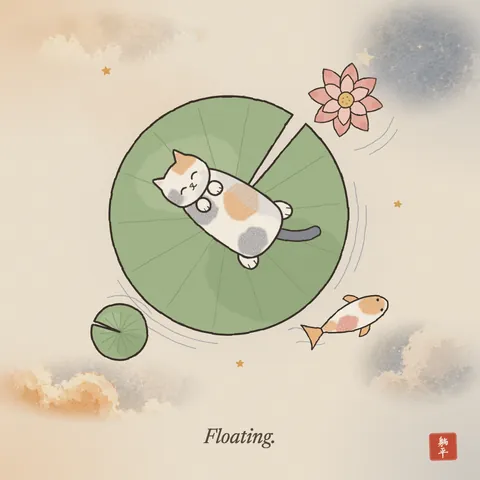 Seen from above: a calico cat asleep on its back on a big lily pad floating on a pond, with a pink lotus flower and a koi drifting past. Caption: Floating.