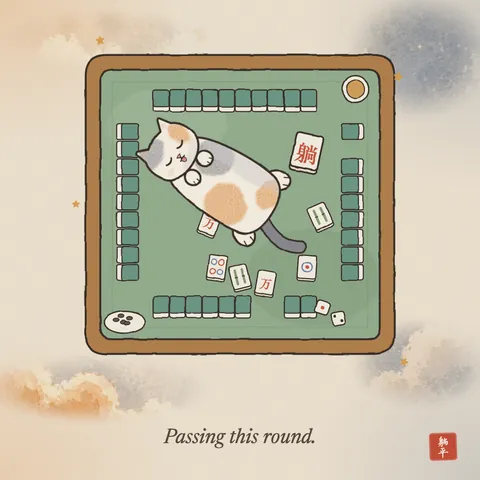 Seen from above: a calico cat asleep on its back across a green mahjong table, tongue out, sprawled over the walls of tiles. Discarded tiles lie around it; the big one face up beside it reads 躺 (lie down). Caption: Passing this round.