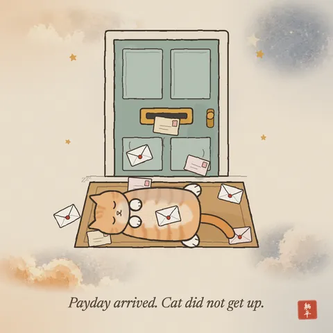 An orange tabby cat asleep on its back on the doormat just inside a front door. Envelopes are dropping through the mail slot and landing all around it, one on its belly. Caption: Payday arrived. Cat did not get up.