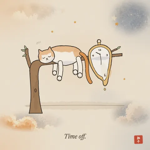 A soft pocket watch melts over a bare tree branch, drooping down on the near side. Next to it a ginger-and-white cat is draped over the same branch in exactly the same way, legs and tail dangling, asleep. Caption: Time off.
