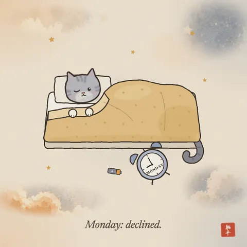 A grey tabby buried under a quilt on a floor futon, only its head out on the pillow, one eye half open, paws holding the quilt up to its chin. Its tail pokes out the other end next to a knocked-over alarm clock labelled MONDAY, its battery rolled away. Caption: Monday: declined.