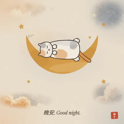 A calico cat asleep in the curve of a crescent moon, tail hanging over the edge, among a few stars. Caption: 晚安. Good night.