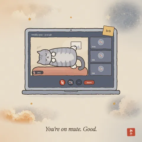 A laptop showing a video call. Three small tiles have their cameras off; the big tile shows a grey tabby cat asleep on its back on a cushion. The microphone button is muted and a sticky note on the lid says brb. Caption: You're on mute. Good.