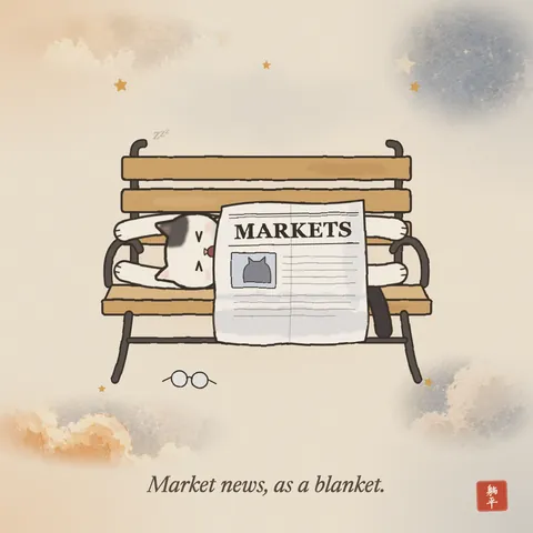 A black and white cat stretched out on its back, yawning, with an open newspaper pulled up to its chin like a blanket. The headline reads MARKETS. Reading glasses lie by its head. Caption: Market news, as a blanket.